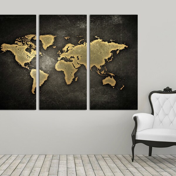 3 Panel Split Abstract World Map Canvas Print,1.5" deep frames,Triptych, yellow and Black, art for home/office wall decor & interior design.