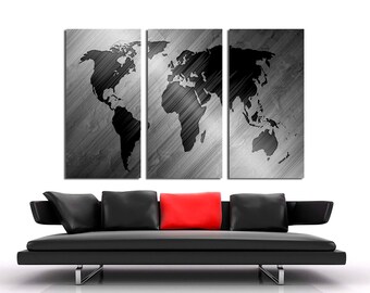 Abstract Black and White World Map Canvas Triptych, Modern Wall Art