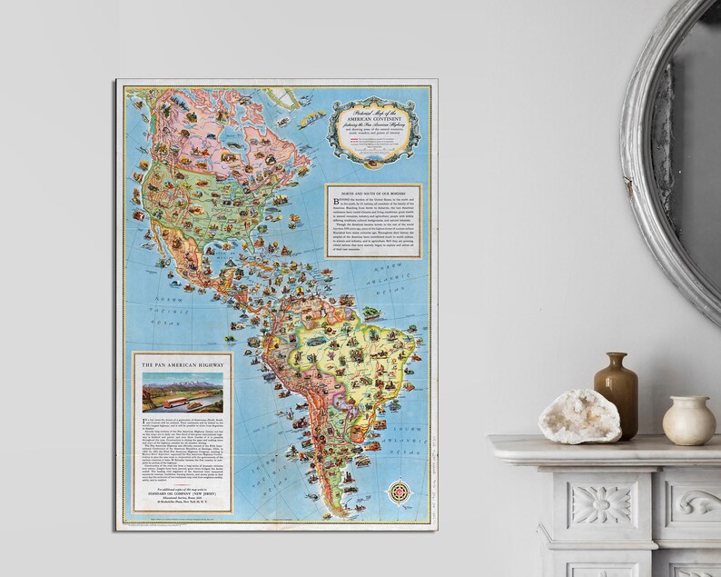 Pan Map Vintage Pan American Highway Map of the Americas, Ready to Hang Canvas ...