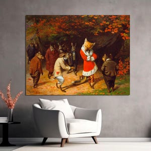 May include: A painting of a group of anthropomorphic animals, including a fox wearing a red and white coat, standing in a forest setting. The animals are gathered around the fox, who appears to be addressing them.