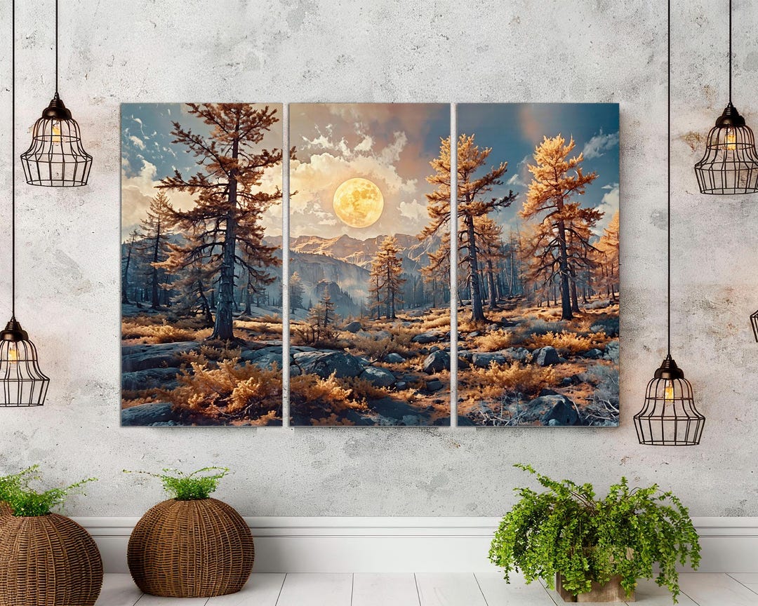 Autumn Pine Forest Canvas Wall Art, Full Moon Mountain Triptych - Etsy
