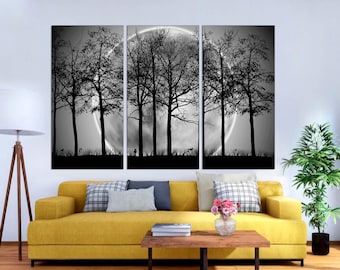3-Panels Art Canvas Print, Beautiful Trees Wall Art, Forest Landscape Art, Nature Forest Black & White Wall Home Decor, CANVAS Ready to Hang