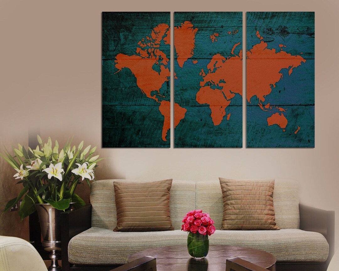Abstract World Map Canvas Print, 3 Panel Triptych, Teal and Orange - Etsy