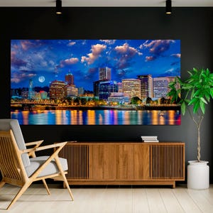 Portland Skyline Wall Art Willamette River, Portland Evening Cityscape, Oregon Art, Sunset Portland Art,   Oregon Print CANVAS Ready to Hang