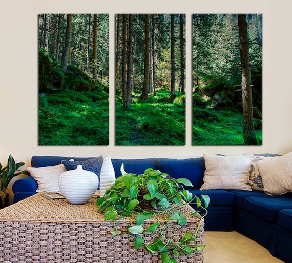 Green Forest Trees Triptych Canvas Print, Nature Photography Wall