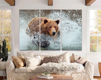 Grizzly Bear Canvas Print – Wildlife Art, River Hunt, 3 Panel