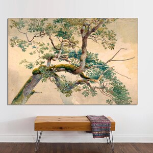 May include: A watercolor painting of a large tree with green leaves and branches against a light beige background.
