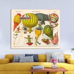 Vintage Hot Air Balloon Print, Antique Italian Political Cartoon, Victorian Wall Art, Nursery Art, Hot Air Balloons Art CANVAS Ready to Hang