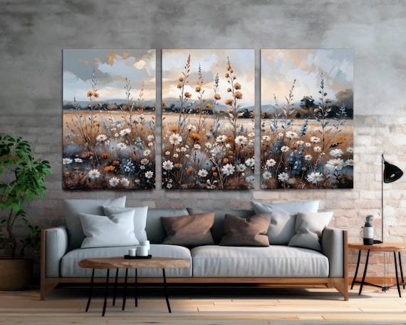 Wildflower Field Oil Painting 3 Piece Canvas Wall Art Set, Landscape Wall Art Large Wall Art Print, Landscape Wall Decor Vintage Canvas Art.