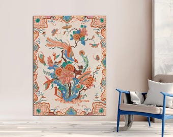 Indian Floral Bird Art Print, Vintage Style Canvas, Ready to Hang