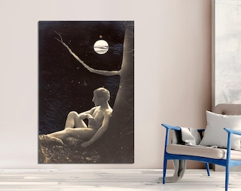 Vintage Art Nouveau Canvas Print, Man Under Crescent Moon