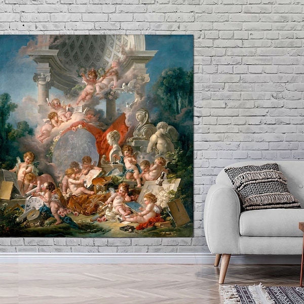 Geniuses of Art by Francois Boucher, Rococo style Art,Rococo Canvas Print,Classical Art,European Style Angel,Baroque painting READY TO HANG.