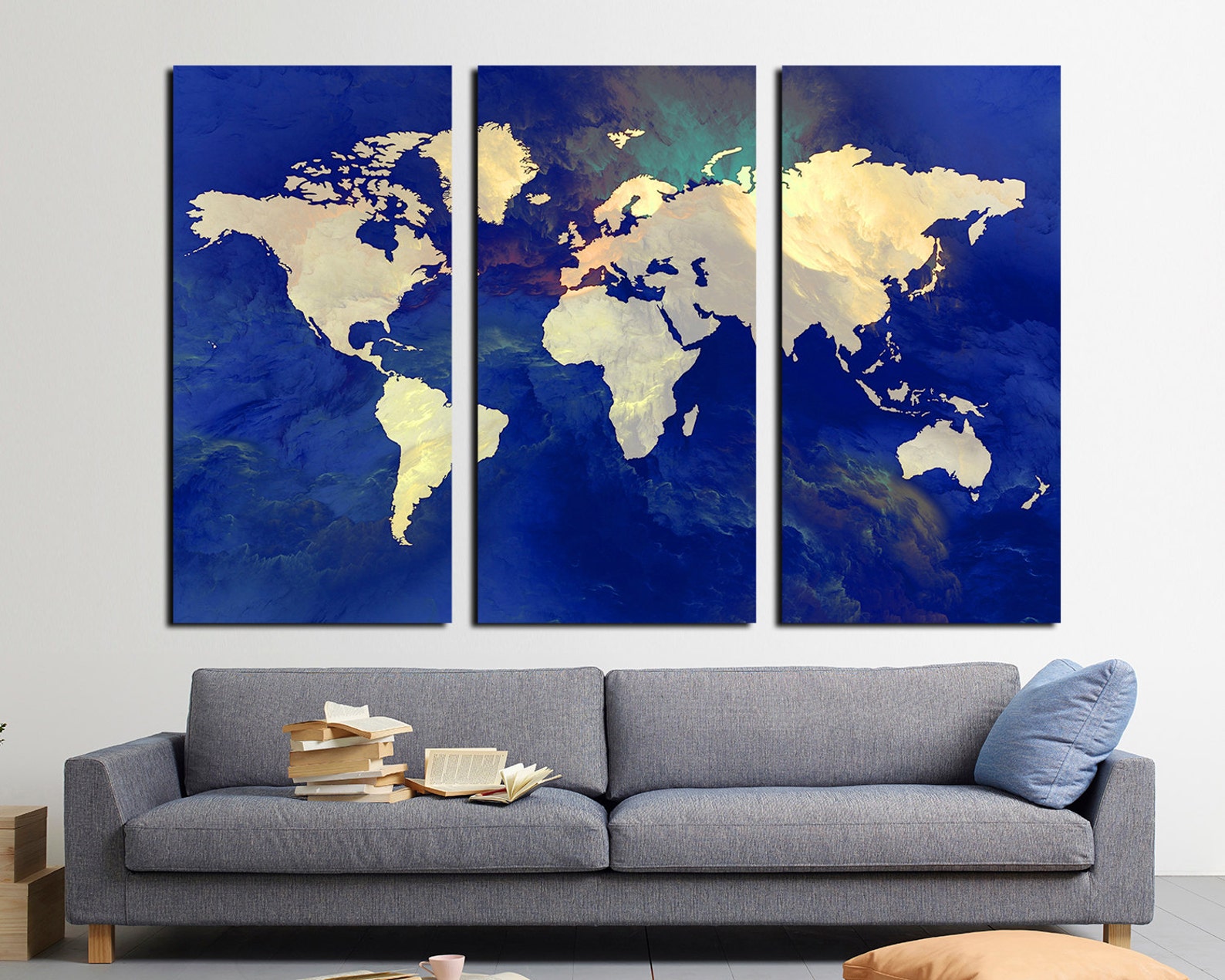 Abstract World Map Canvas Print, Triptych Wall Art - Etsy
