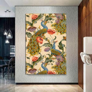 Lienzo de pavo real vintage, arte de pared de pavo real, impresión de amapolas, arte de pavo real, póster de pájaro, arte de pared de pájaro, ilustración de pavo real LIENZO listo para colgar.
