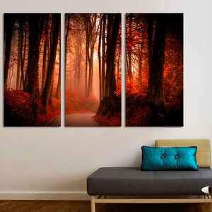 Bosque de hojas rojas, arte forestal, arte de pared impreso en lienzo, bosque dividido en 3 paneles, arte de paisaje natural, lienzo decorativo de arte de bosque rojo listo para colgar.