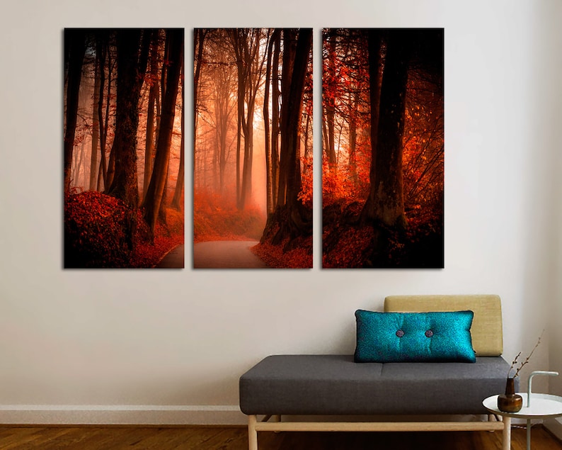Red Autumn Forest Canvas Print, 3 Panel Nature Wall Art image 1