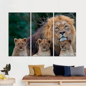 May include: A large male lion with a thick mane is surrounded by three cubs. The lion is looking directly at the camera, while the cubs are looking at the lion. The background is a blurred green forest.