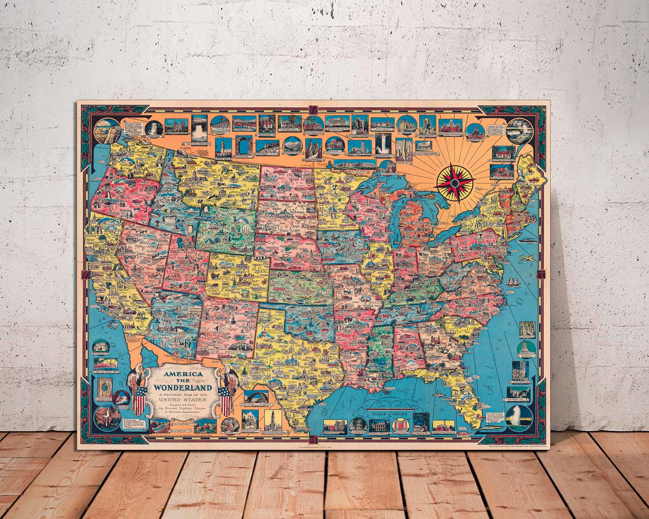 America the Wonderland Canvas Print, Vintage Pictorial Map, Ready
