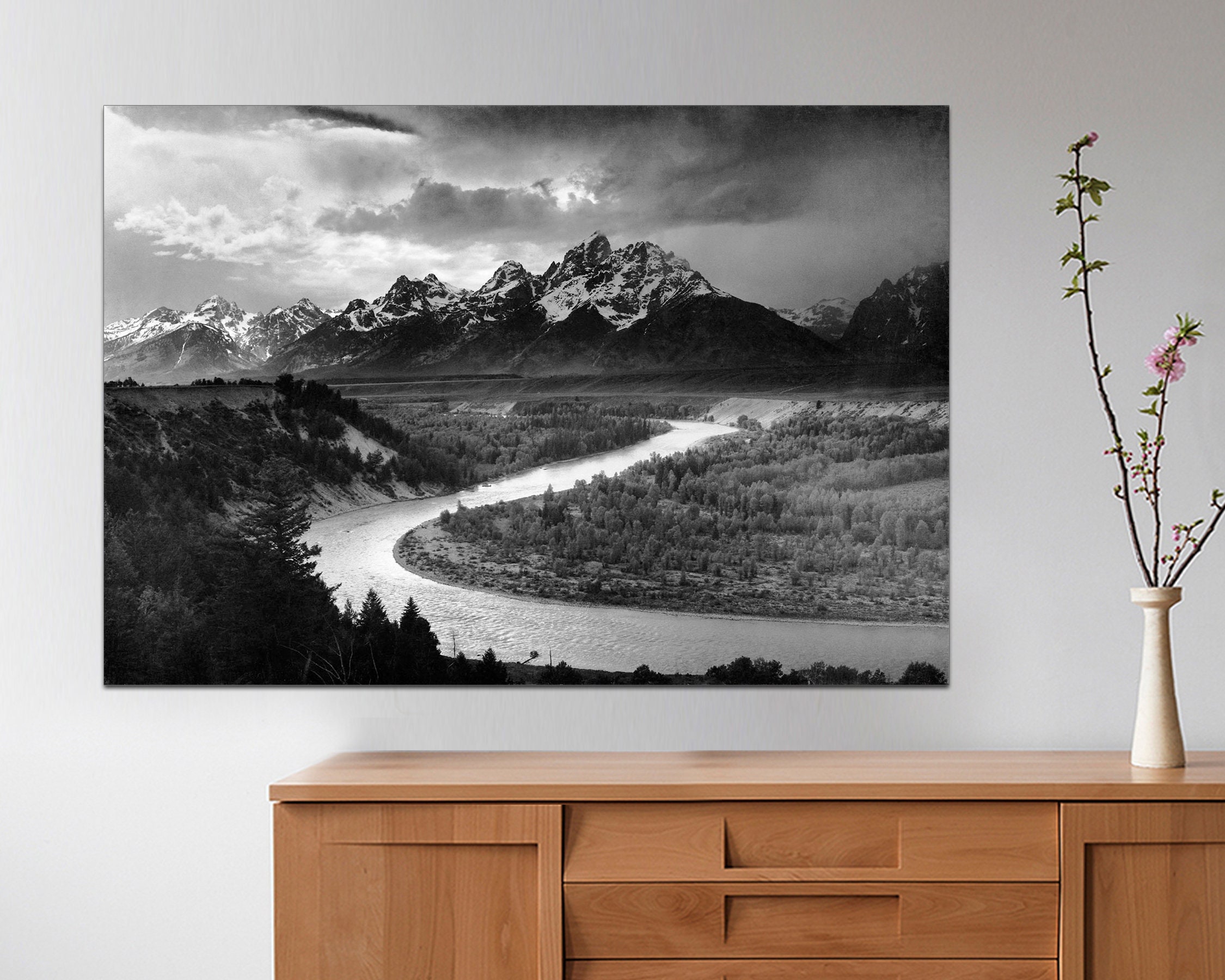 Ansel Adams, the Tetons, Snake River, Black and White Canvas Print