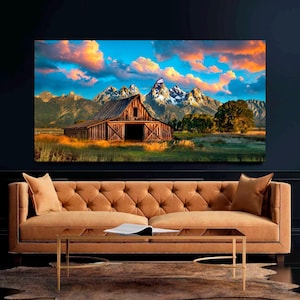 Moulton Barn Canvas Wall Art, Grand Teton National Park Sunrises Over Mormon Barn, Cabin & Home Interior Decor, Mountain Landscape Large Art