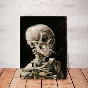 May include: A black and white painting of a human skull with a cigarette in its mouth. The skull is depicted as a skeleton with visible ribs and bones. The painting is set against a dark background.