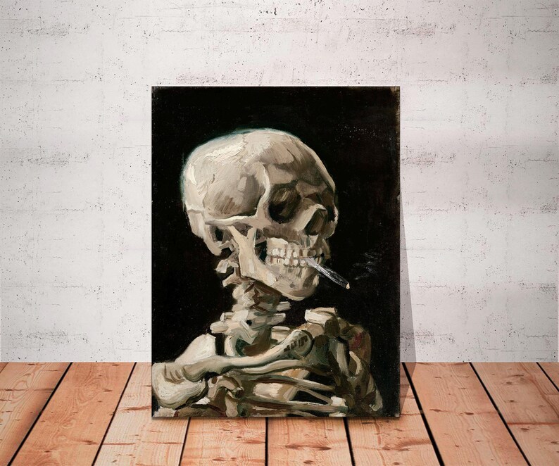 May include: A black and white painting of a human skull with a cigarette in its mouth. The skull is depicted as a skeleton with visible ribs and bones. The painting is set against a dark background.