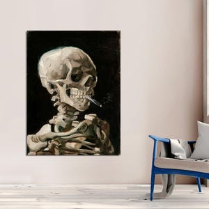 May include: A painting of a human skull with a cigarette in its mouth, rendered in a realistic style with a dark background. The skull is depicted with a skeletal body, suggesting a memento mori theme.