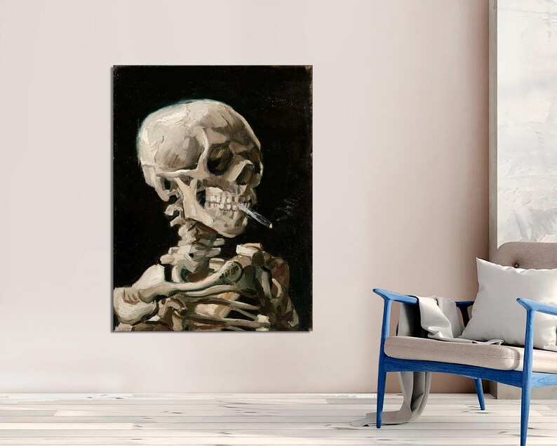 May include: A painting of a human skull with a cigarette in its mouth, rendered in a realistic style with a dark background. The skull is depicted with a skeletal body, suggesting a memento mori theme.