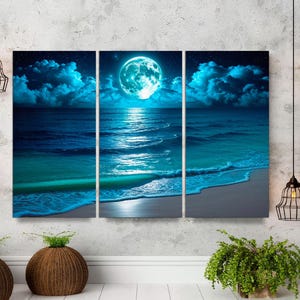 Moon Sea Wall Art 3-Panel Canvas Print, Ocean Landscape Print for Living Room, Modern Framed Home Décor, Coastal Wall Artwork Ready to Hang.