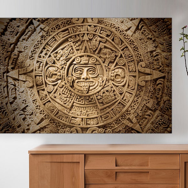 Mexican Artwork, Aztec Calendar, Mayan Canvas, Canvas Wall Art, Aztec Framed Canvas, Ancient Aztec Calendar Wall Canvas Art, READY TO HANG.