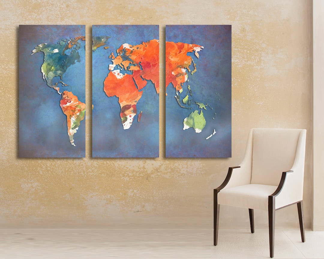 Abstract World Map Canvas Print, Triptych Wall Art - Etsy