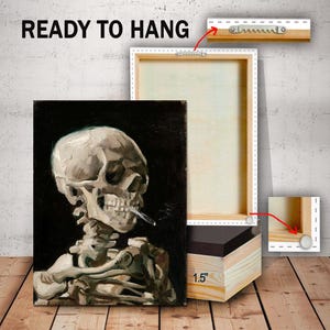 May include: A canvas print of a painting depicting a human skeleton with a cigarette in its mouth. The print is framed with a 1.5 inch wooden frame and is ready to hang.