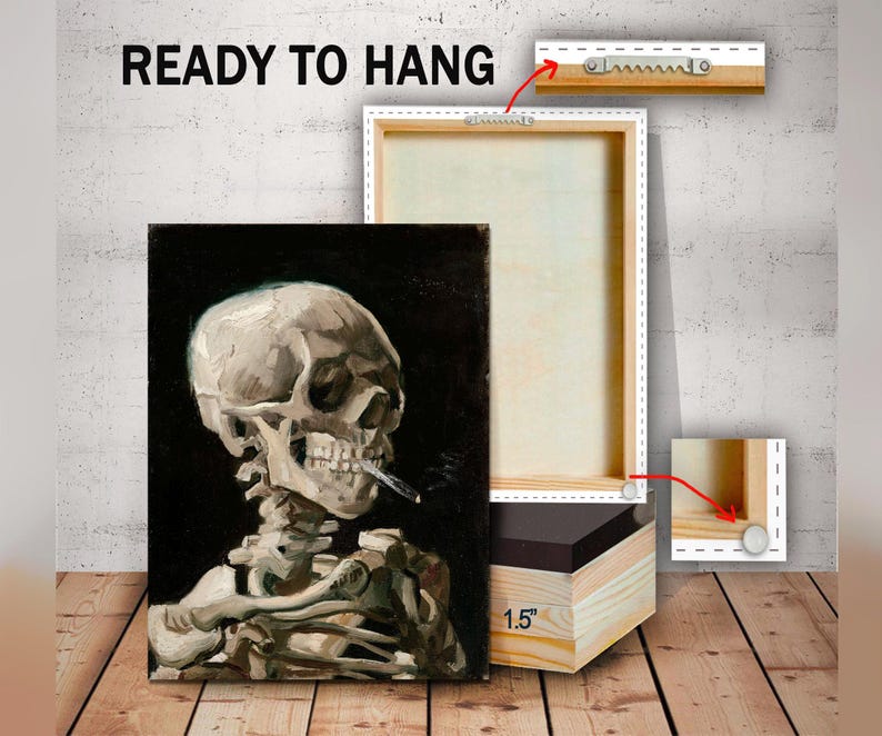 May include: A canvas print of a painting depicting a human skeleton with a cigarette in its mouth. The print is framed with a 1.5 inch wooden frame and is ready to hang.