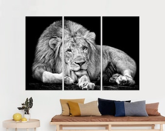 Lion Black and White Canvas Print, 3-Panel Set, Ready to Hang