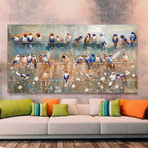 Antique Bird Art Canvas Print Panoramic Large Farmhouse Wall Decor Colorful Birds Wall Art Bird Watcher Gift Home Decor for Bird Lovers Art