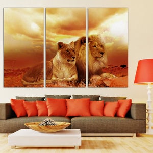 3 Panel Canvas Split, Majestic African Lion and Lioness Pair Resting, Lion wall Art, lion Art for New Home or Office, CANVAS Ready to Hang.