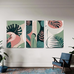 Large Floral Canvas Wall Art Prints Set of 3 Tropical Leaves Abstract Shapes Illustrations Mid Century Modern Art Boho Decor Ready to Hang.