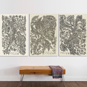 Alexander Senegat textile Canvas print Set of 3- Vintage Textile Designs Canvas Set, Botanical art, Textile Art, Pattern Art, Ready to Hang.