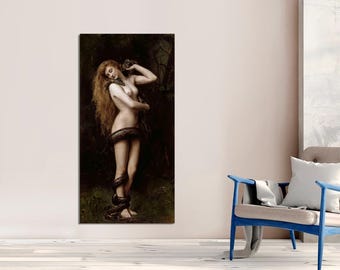 May include: A painting of a woman with long red hair standing in a forest. She is nude and holding a snake around her waist. The painting is done in a realistic style and the woman's expression is serene.