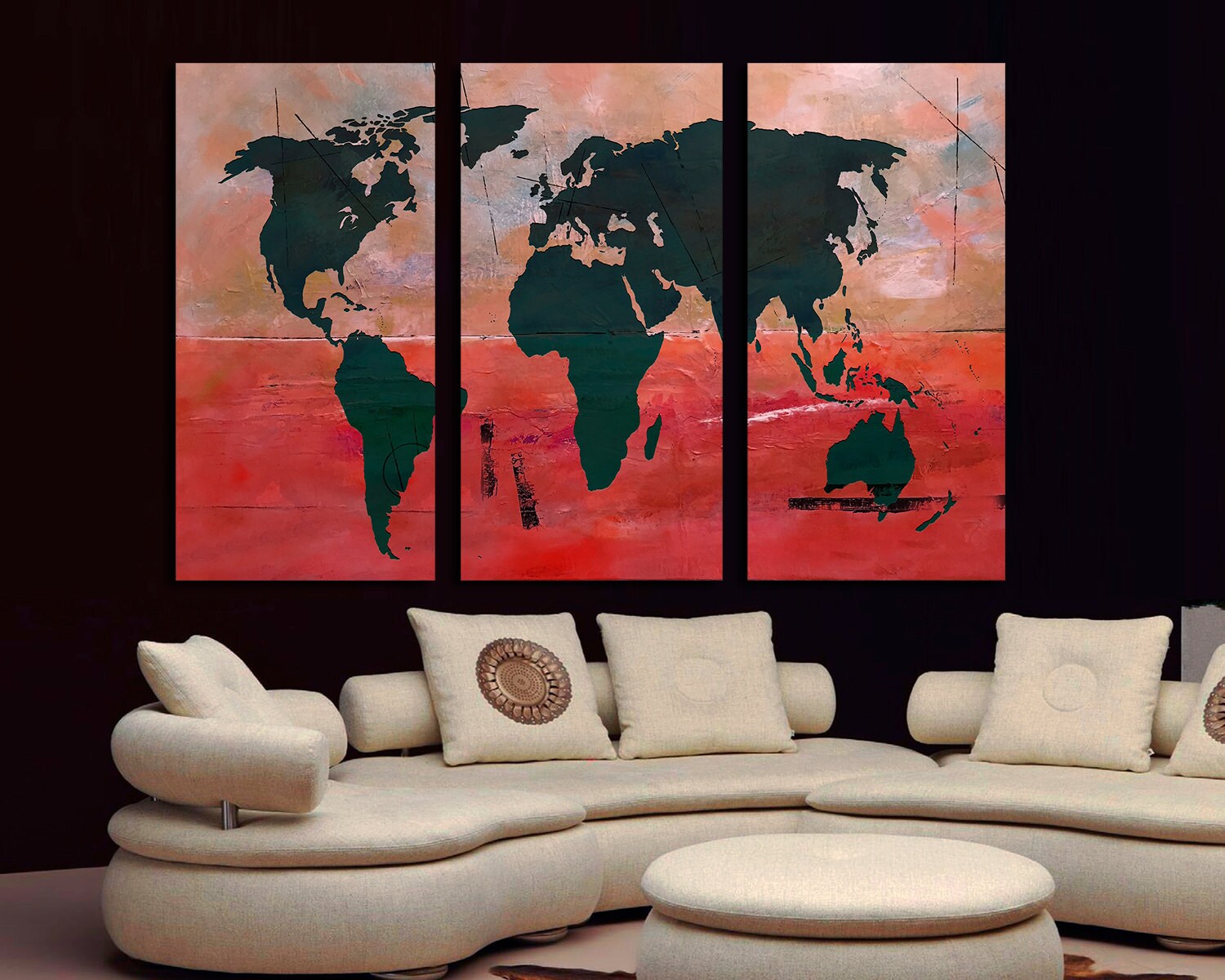 Abstract World Map 3-panel Canvas Print, Black and Red - Etsy