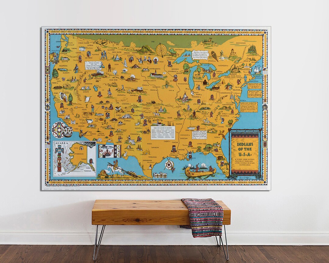 Native American Tribes Pictorial Map, Vintage USA Art, Ready to Hang ...