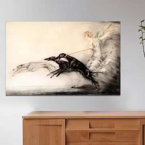 Canvas Deco, Fashion Lady, Greyhound Dogs Coursing by Louis Icart, French Vintage Canvas Modern Art, Fashion Art CANVAS Print Ready to Hang.