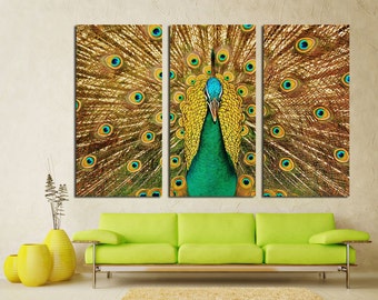 Peacock Canvas Print, Colorful Feather Wall Art, Triptych Home Decor