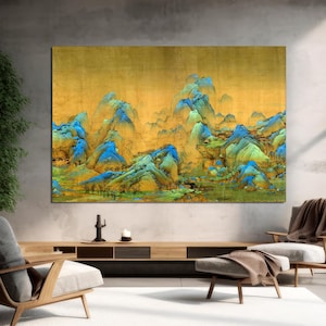 Thousands of Miles Mountains and Rivers Chinese Song Dynasty Shan Shui Canvas Art, Antique Asian Landscape Painting Ready to Hang Wall Decor