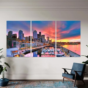Seattle Skyline, Large Canvas Split Set of 3, Washington State Poster, United States Travel Wall Art, USA City Decor, Modern Coastal Art