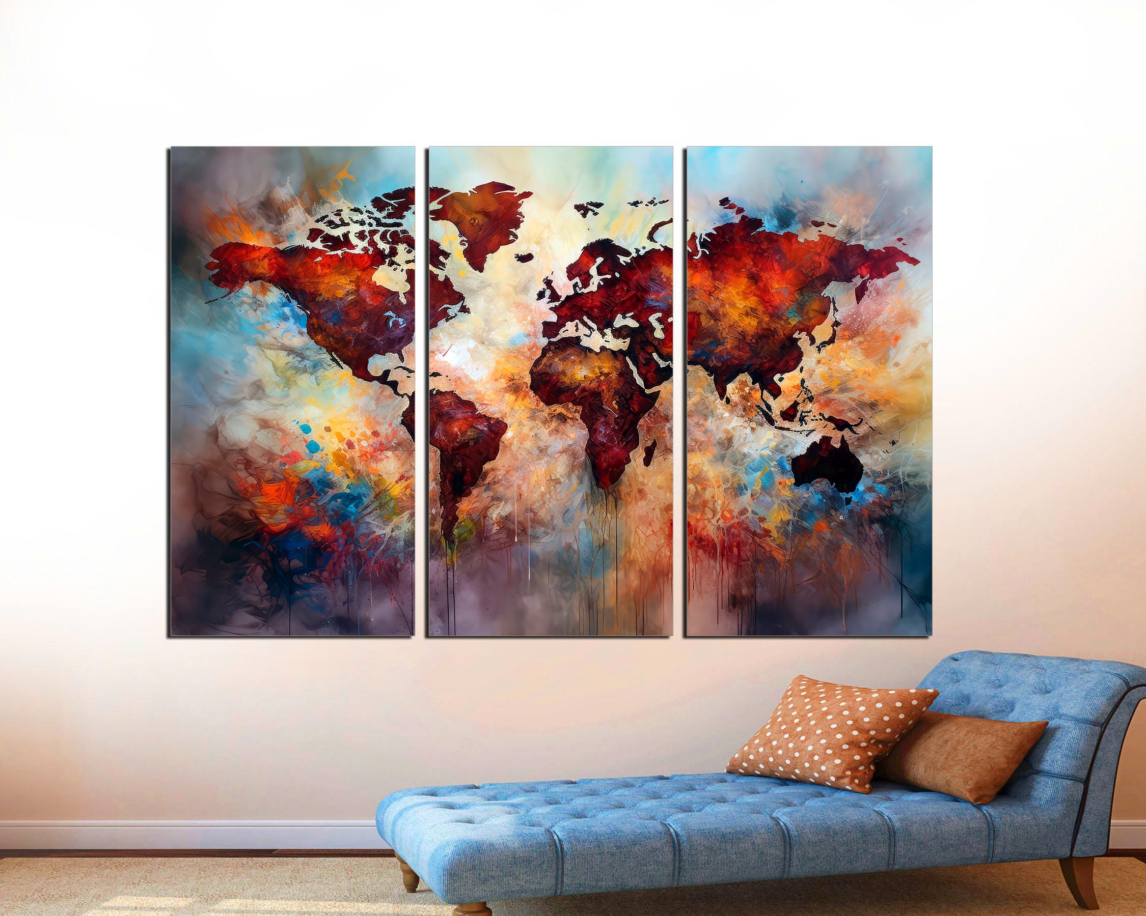 Watercolor World Map Canvas Print, Abstract 3-panel Wall Art - Etsy
