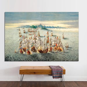 May include: A vintage oil painting depicting a naval battle scene with multiple ships firing cannons at each other. The ships are sailing on a choppy sea with smoke and explosions in the air. The painting is set against a backdrop of a distant coastline.