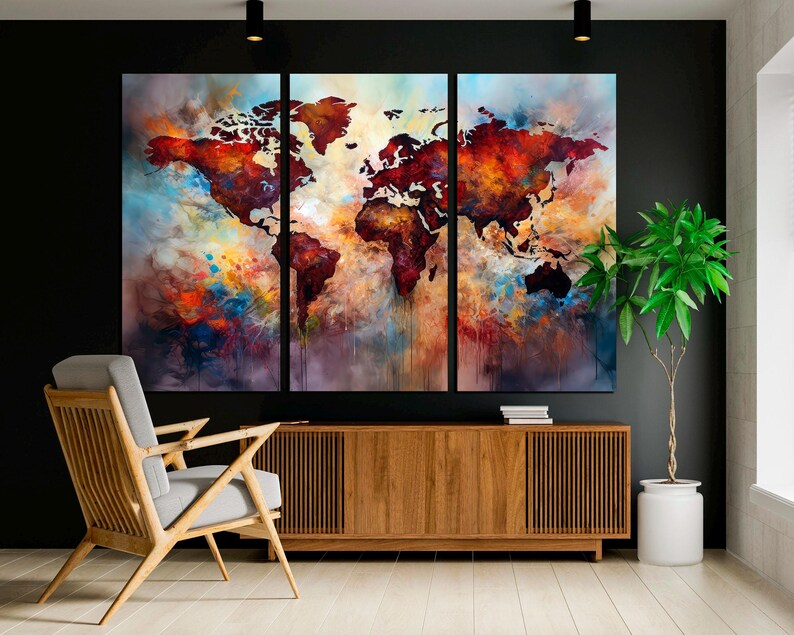Watercolor World Map Canvas Print, Abstract 3-panel Wall Art - Etsy
