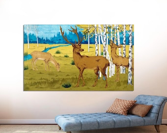 Vintage Deer Canvas Art Print, Woodland Wildlife Painting, Ready to Hang