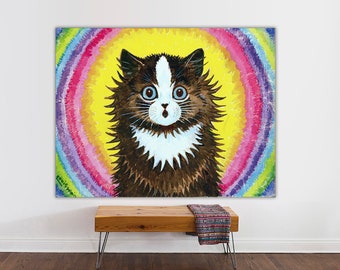 Louis Wain Cat Art, Rainbow Canvas Print, Vintage Nursery Decor